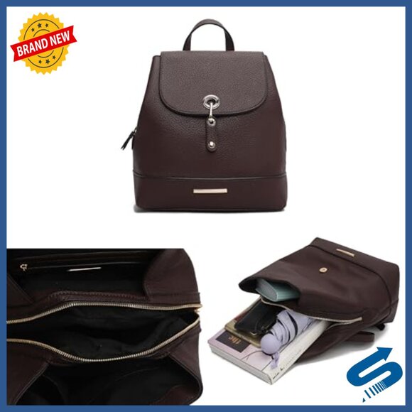 Vegan Leather Backpack with Gold Embellishments, Adjustable Straps, Multiple
